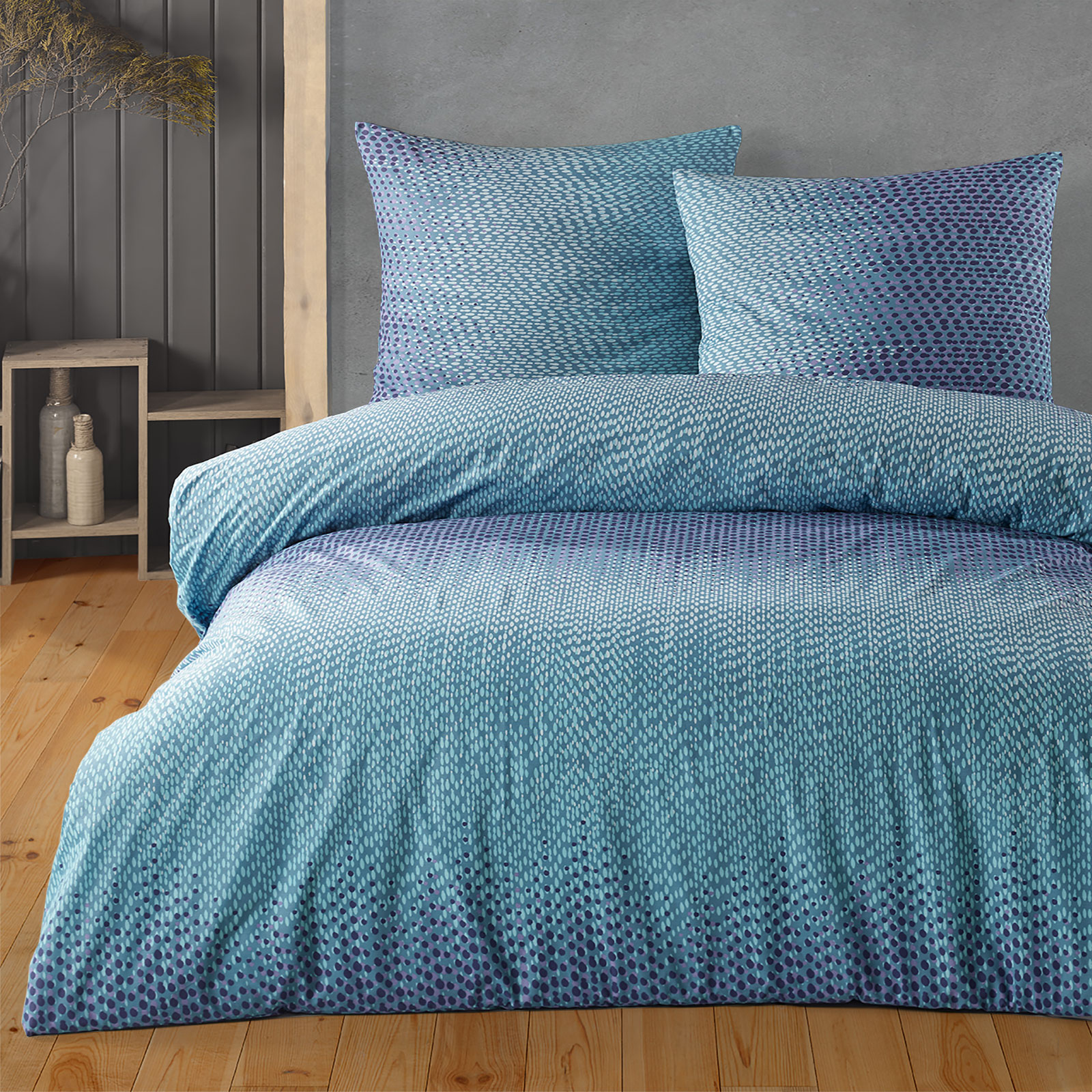 Bettwäsche 200x200 Baumwolle 3 tlg. Renforce Blau Gepunktet mit Reißverschluss