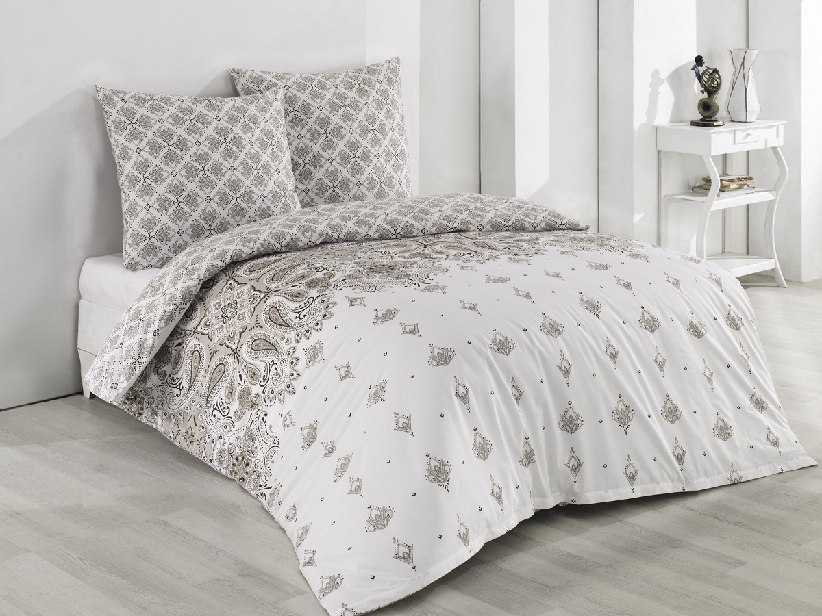 Bettwäsche 200x200 Baumwolle 3 tlg. Renforce Creme Braun Paisley Reißverschluss