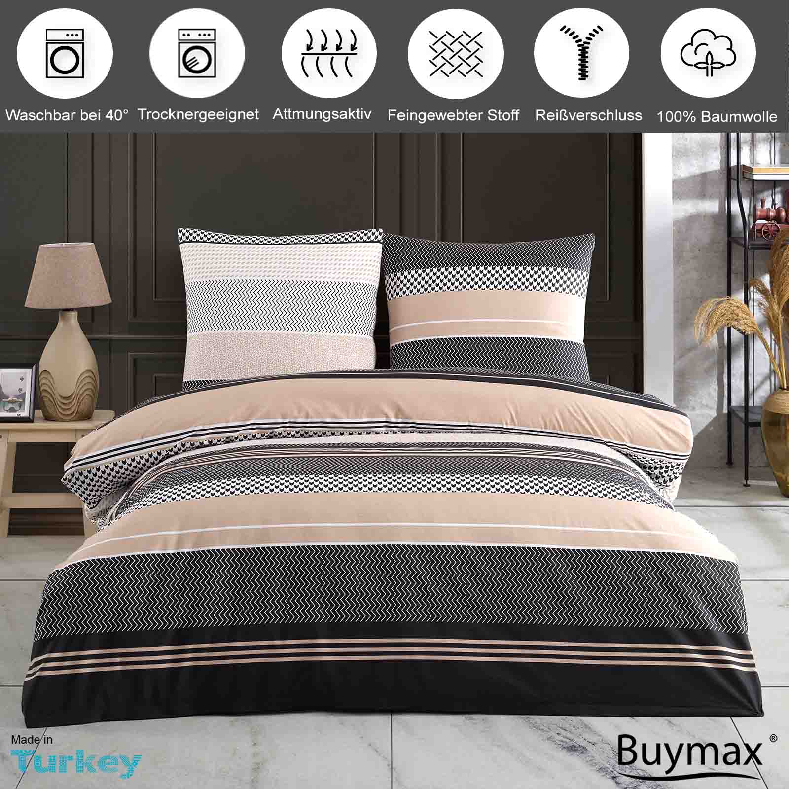 Bettwäsche 135x200 Reißverschluss 100% Baumwolle 4 tlg. Renforce Beige Schwarz