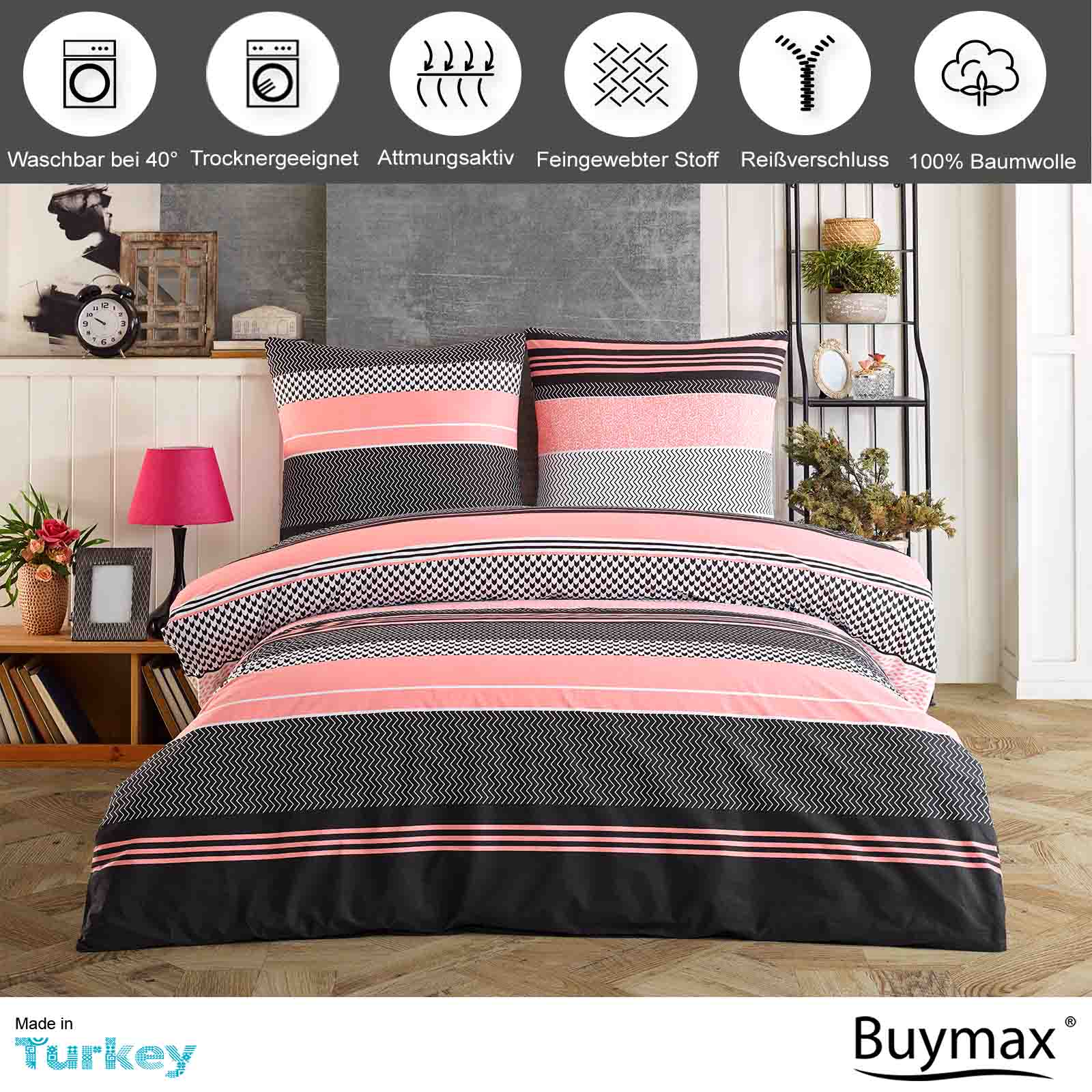 Bettwäsche 135x200 Baumwolle Bettbezug Set 4 tlg Renforce Reißverschluss Rosa